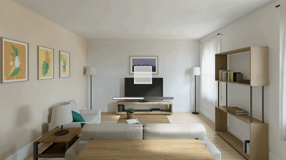 An animated GIF showing an the GlassCube in a living room viewed through Apple Vision Pro. The cube is resizing according to the values of the Slider. The GlassCube returns to its original size when tapped.