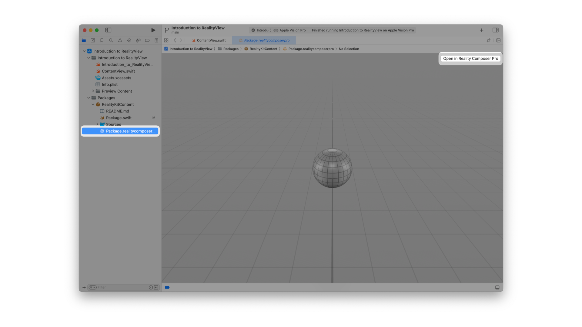 A screenshot of Xcode showing the file structure for a RealityView project, highlighting a package file named “Package.realitycomposerpro” ready to be opened in Reality Composer Pro. 
