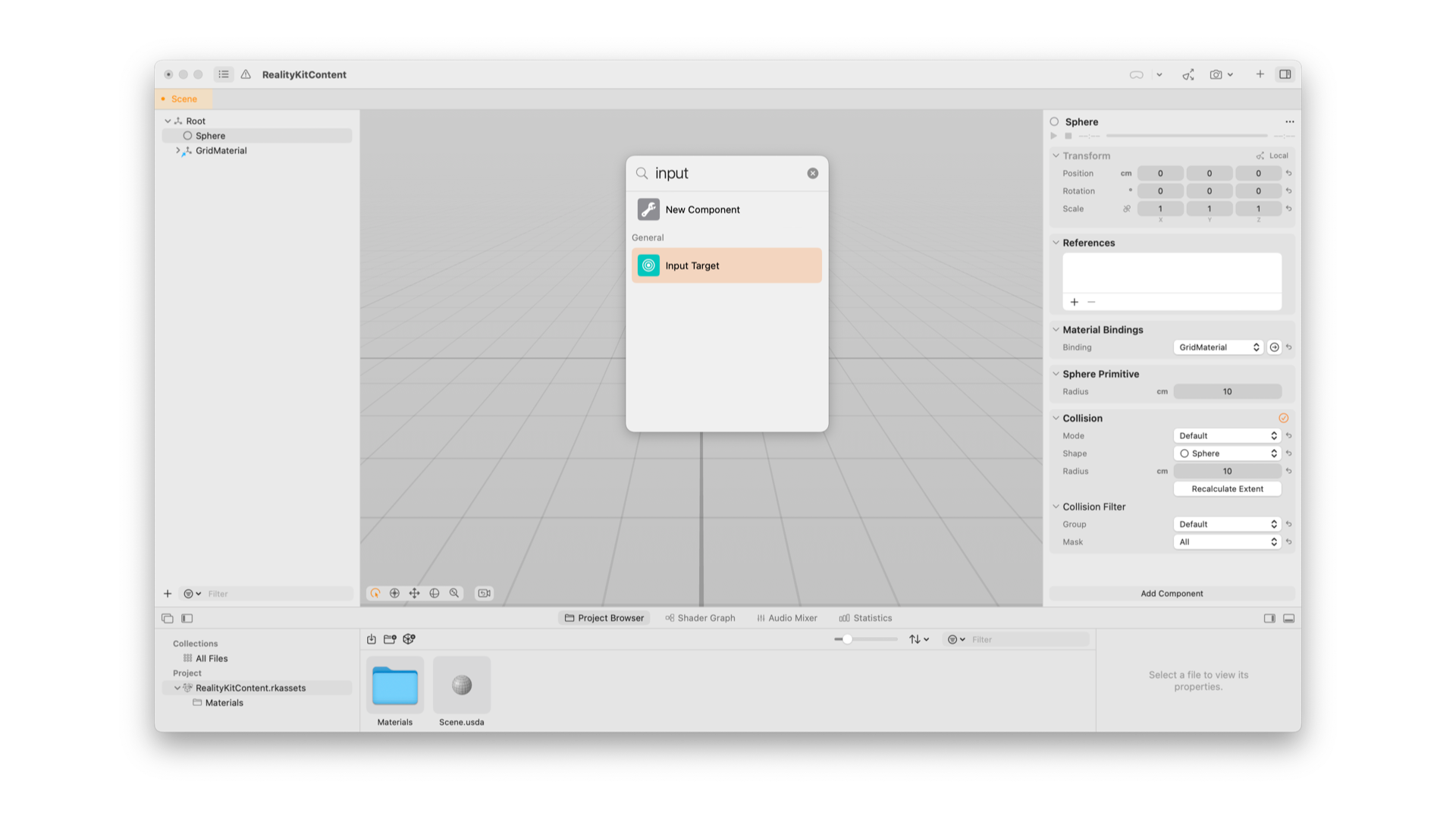 A screenshot of Reality Composer Pro showing the process of adding an Input Target component to a 3D sphere object.