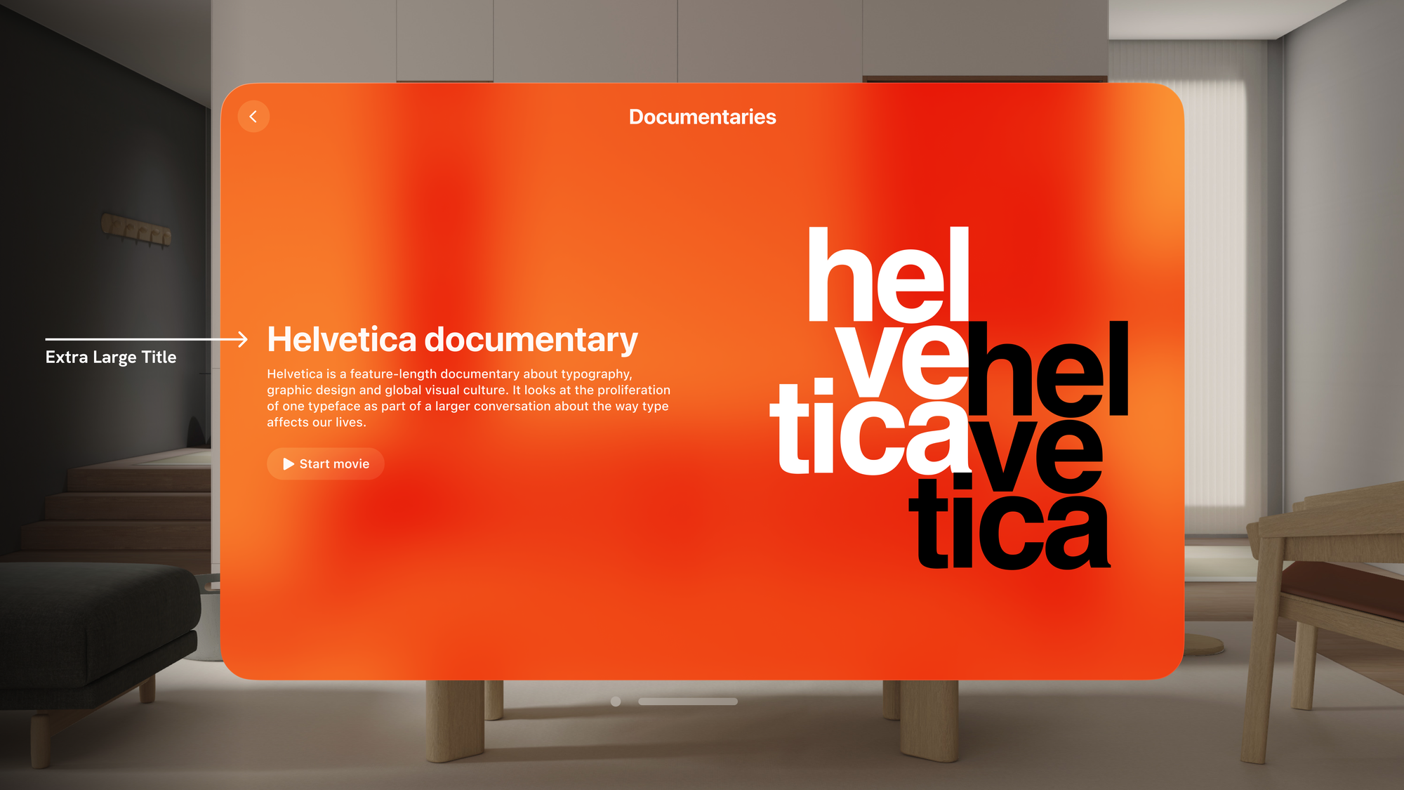 visionOS app showing the description of a documentary with an arrow pointing to the title and saying it is using the Extrar Large Title style