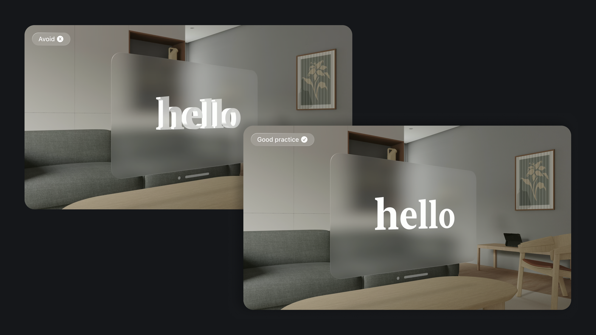 Image showing a text using 3D letters and saying to avoid it and a good practice example showing flat text on a 3D window