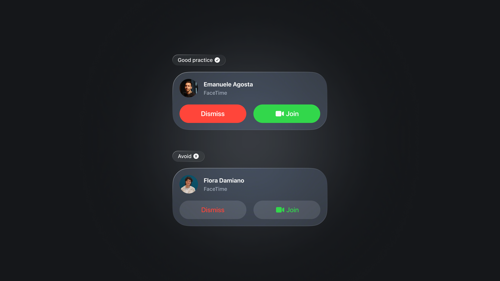 Top example show the usage of a background color on a button with white text as a good practice and the example on the bottom shows the opposite as something to avoid