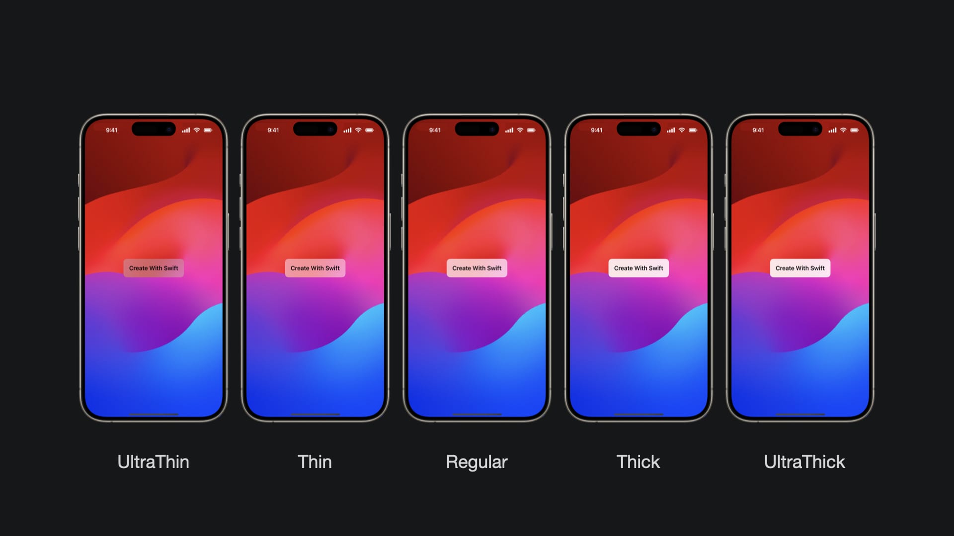 Five examples of the material effect going from mostly translucent to mostly opaque