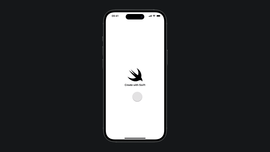 A gif showing an iPhone with a white screen displaying the Swift logo and the text “Create with Swift.” The Swift logo scales up slightly with a bounce effect, and then returns to its original size.