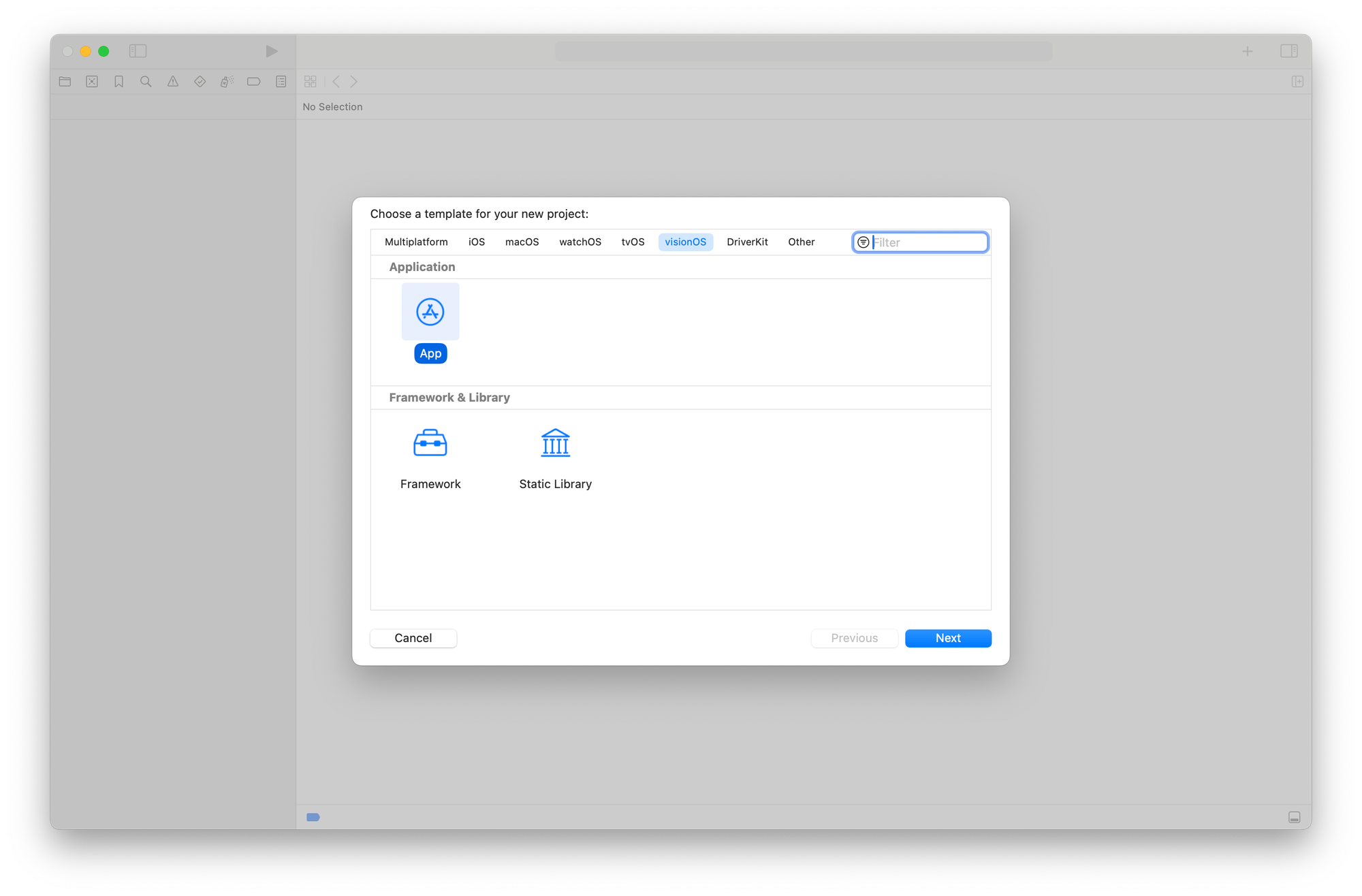 The Xcode dialog window to create a new visionOS project using the app template