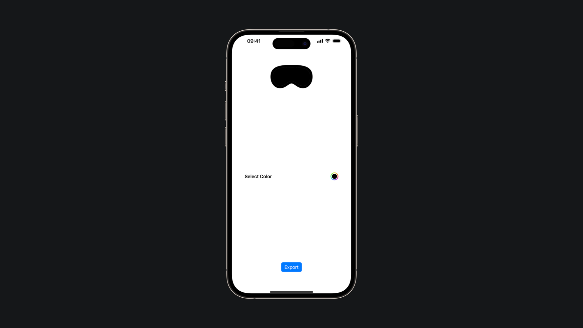 A screenshot of an iPhone app with a black shape of the Vision Pro. Below the shape, there is text reading “Select Color” next to a Color Picker. At the bottom of the screen, there is a blue button labeled “Export”.
