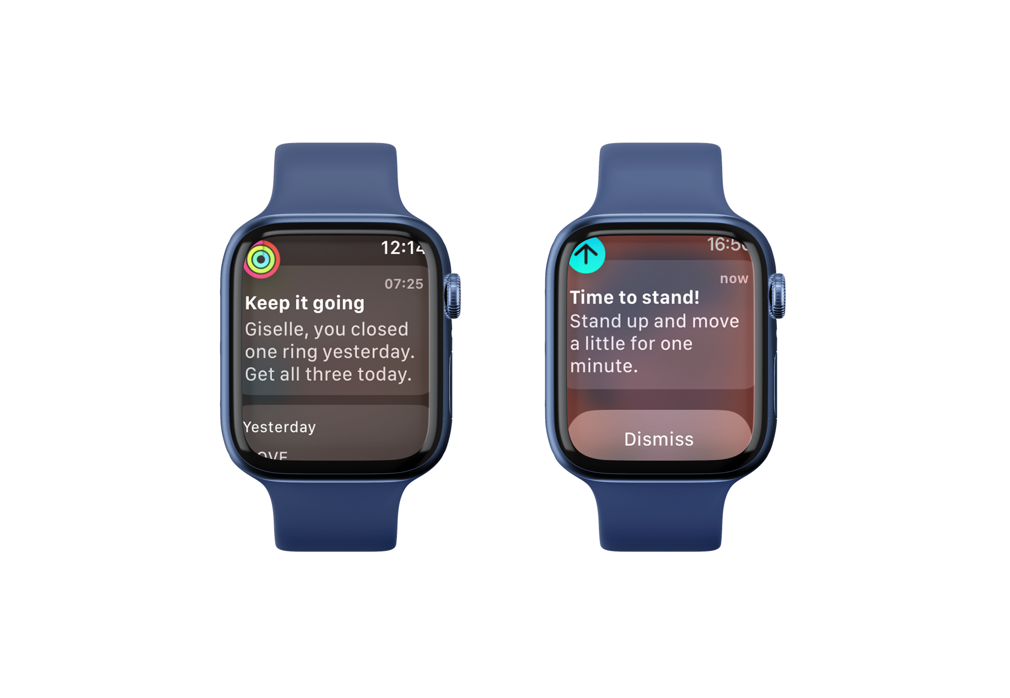Notifications of the Activity app on the Apple Watch showcasing different tones of voice
