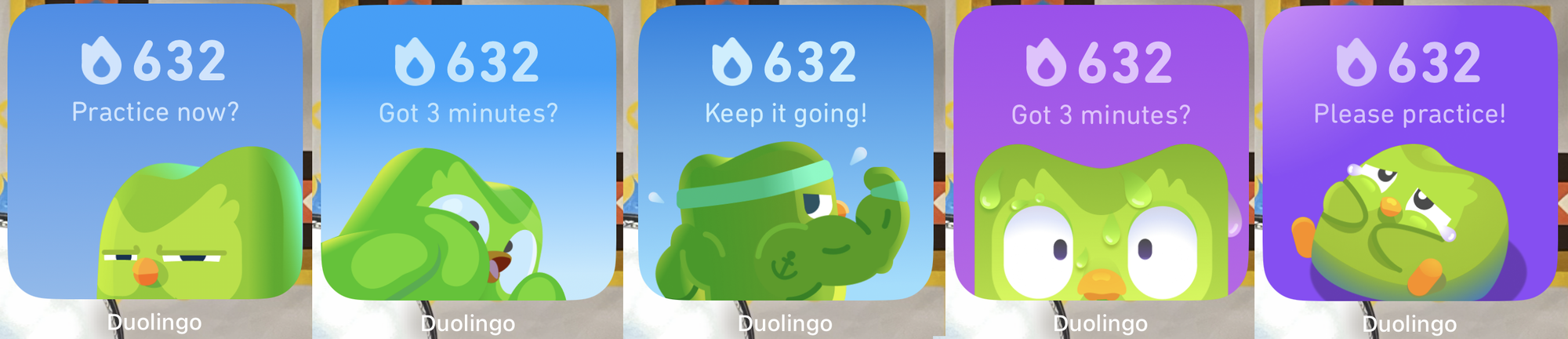 Different example of how Duolingo communicate with the user throught the day on the Widget