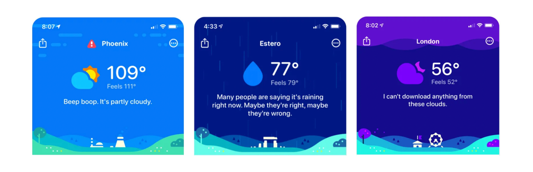 Three examples of how CARROT Weather uses humor to communicate weather