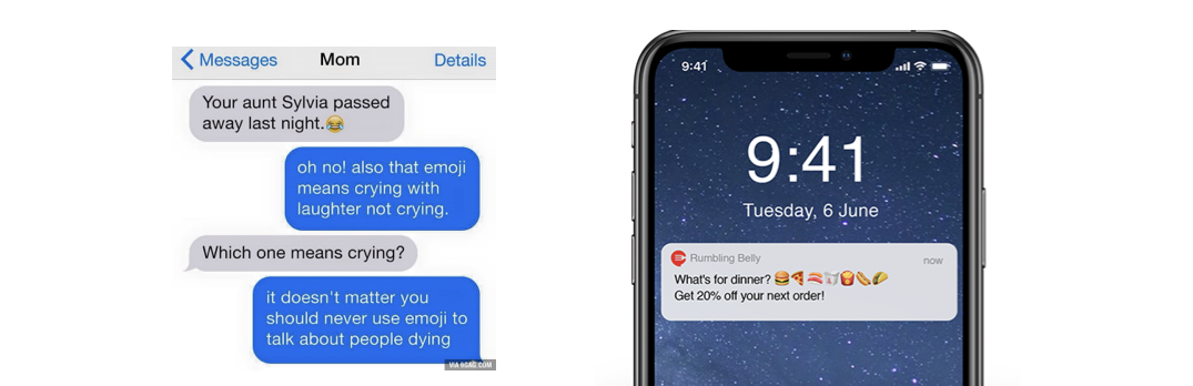 Example of messages using emojis in a context where it is not appropriate and a notification using emojis to illustrate the message