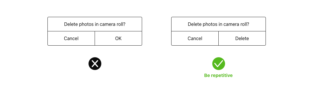 Wireframe showing the correct usage of a verb to confirm an action in an Alert dialog