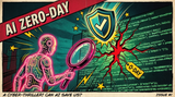 Comic poster: a glowing AI robot with a magnifying glass finds a red 0-DAY crack in a wall of code as a shield with a checkmark drops to block it, under an AI ZERO-DAY banner