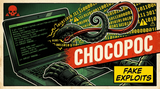 Comic-style poster: a laptop running a fake GitHub PoC exploit, a red barbed hook and tentacle striking out of the screen, titled CHOCOPOC
