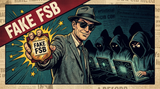 Comic-style poster: a smug man in a grey suit flashes a fake FSB badge while hooded hackers watch from behind laptops, under a red FAKE FSB banner