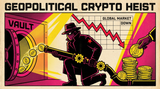 Comic-poster cover: North Korea's Lazarus siphoning crypto as a 2026 chart falls