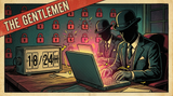 Comic poster: two suited thieves in bowler hats type at glowing laptops beside a split-flap counter reading 18 / 24H, a wall of red padlocks cracking open behind them