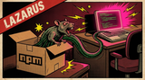 Comic poster: a red-eyed rat crawls out of an npm cardboard box trailing binary-code tentacles toward a developer's laptop, under a LAZARUS banner