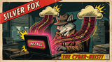 Comic poster: a sly silver fox in a trench coat and fedora types at a laptop with a glowing INSTALL button, streams of binary flowing from two cloud icons, under a SILVER FOX banner