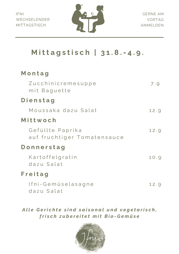 Der Mittagstisch in Füssen vom  31.8.-4.9.
