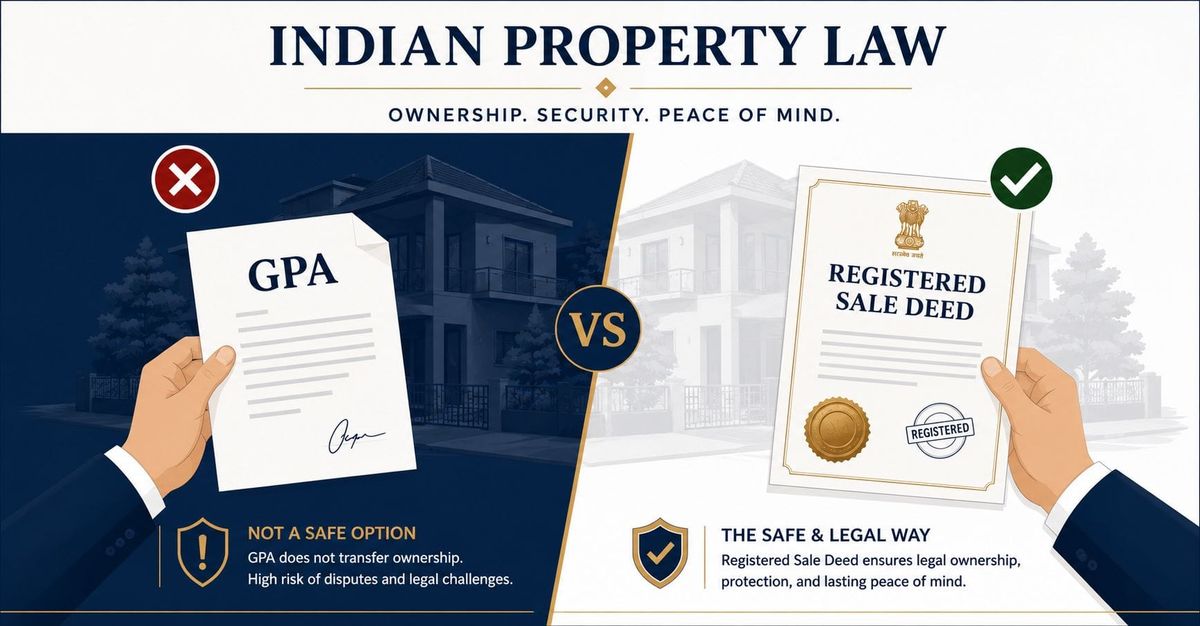 Split image comparing a General Power of Attorney marked with a red cross and a registered sale deed marked with a green tick, illustrating that only a registered sale deed transfers property
