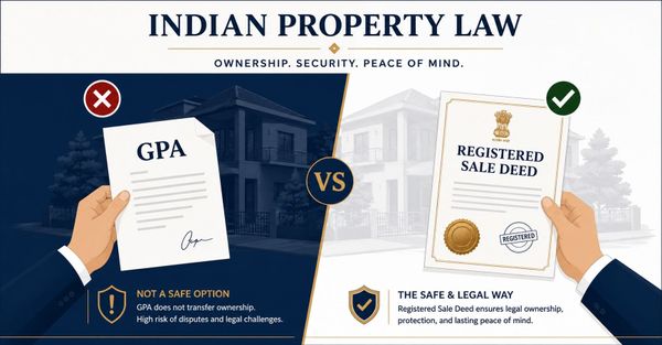 Split image comparing a General Power of Attorney marked with a red cross and a registered sale deed marked with a green tick, illustrating that only a registered sale deed transfers property