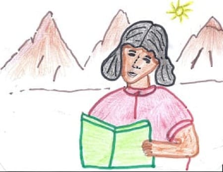 Drawing of girl reading a book with mountain peaks and sun behind her, by girl in  ChildFund's Bolivian programs