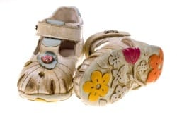 Pair of toddler's shoes worn and empty on white background