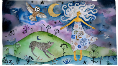 Watercolor illustration of woman, own, coyote and nature.
