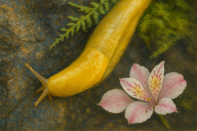 Painging style image of banana slug with Inca Lily