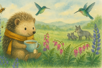 AI assisted watercolor image of whimiscal hedgehog drinking tea in a green meadow