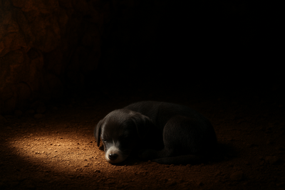 Photo of sleeping young dog in a dark mine with pool of light, edited with ai.