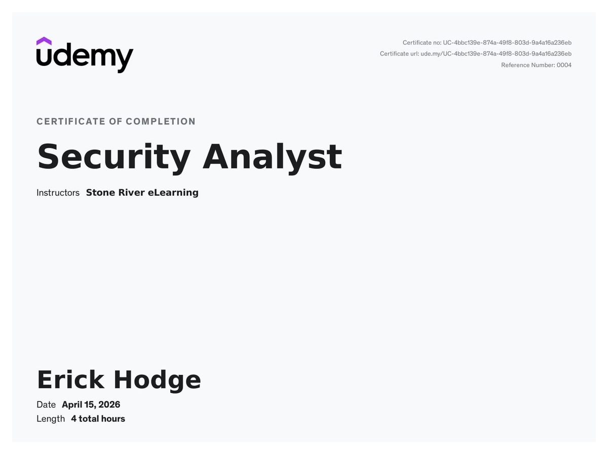 Security Analyst Course (Udemy)