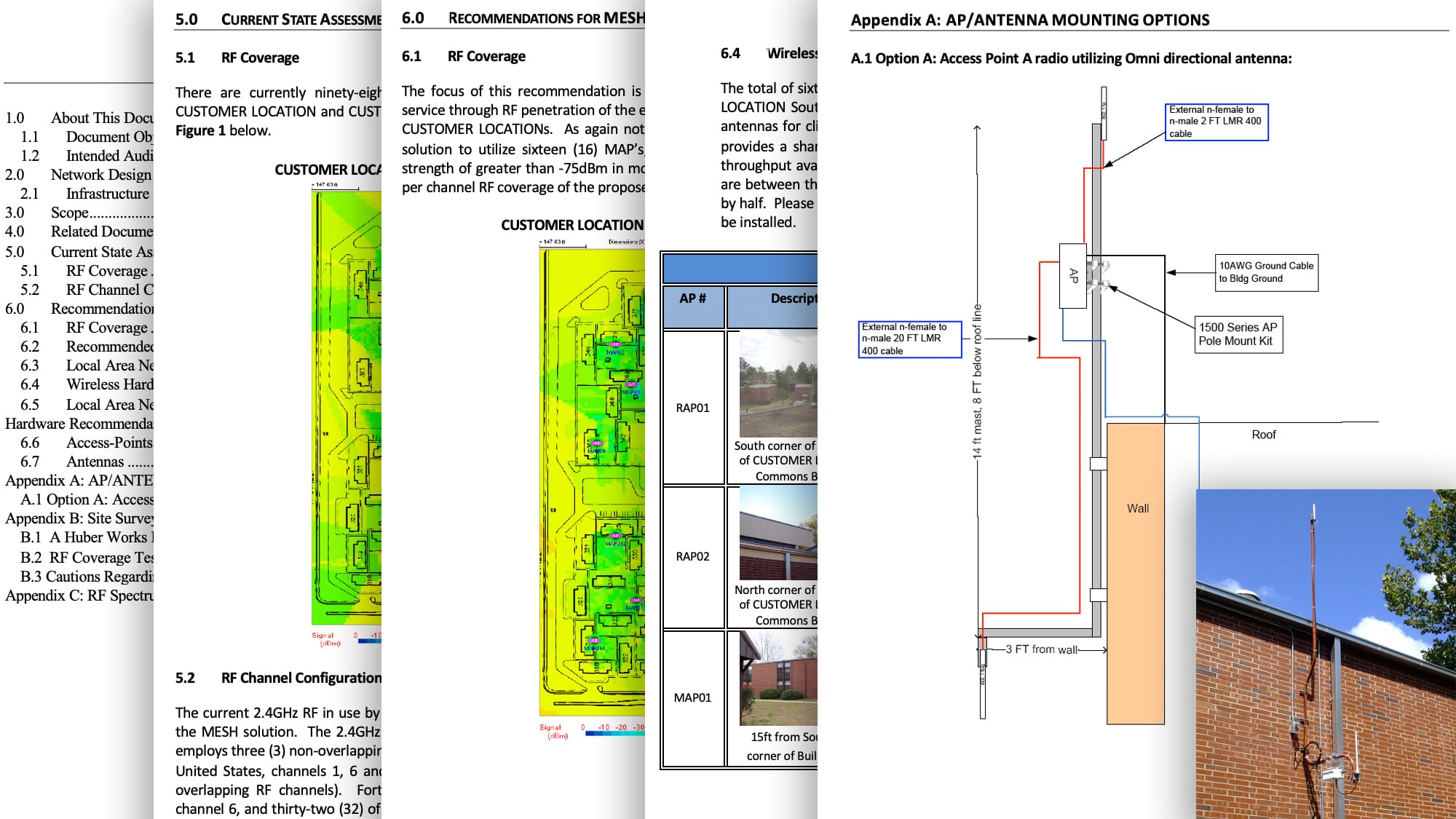 Redacted outdoor mesh Wi-Fi survey deliverable showing access point locations, antenna types, orientation data, and mounting diagrams. Client name and site identifiers removed.