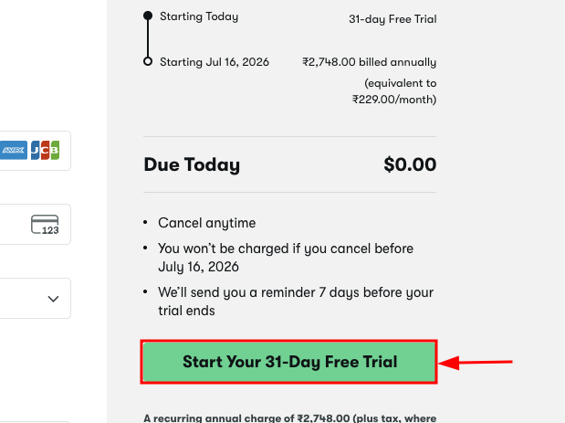click start your free trial button