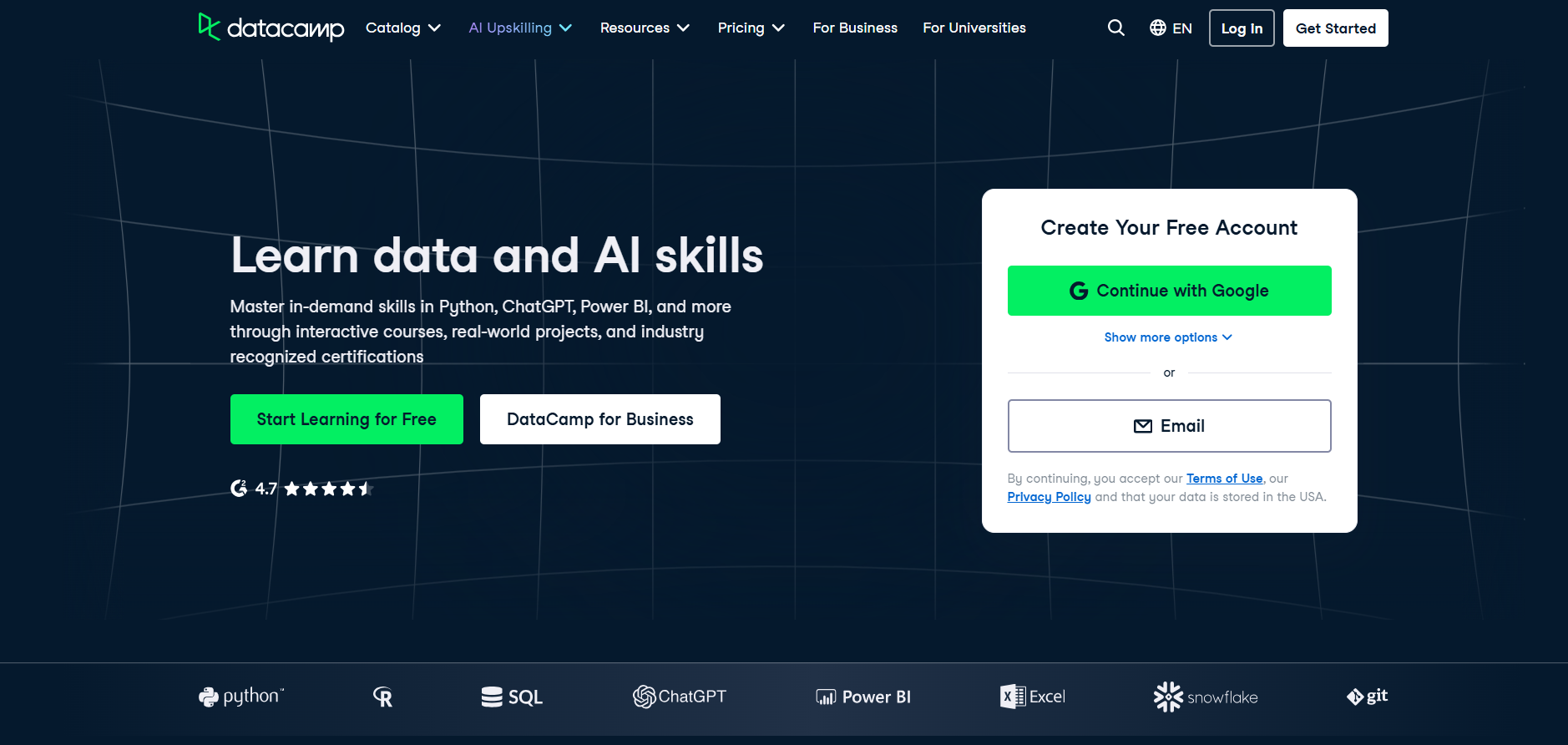 DataCamp Home page