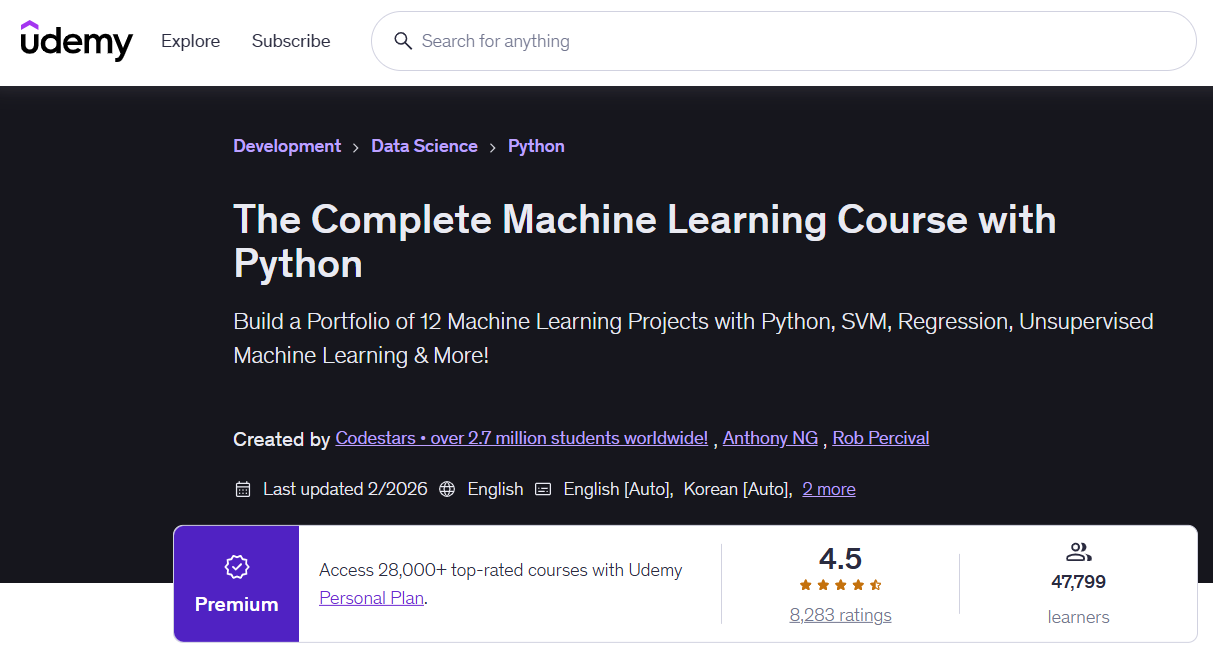 The Complete Machine Learning Course with Python by Udemy