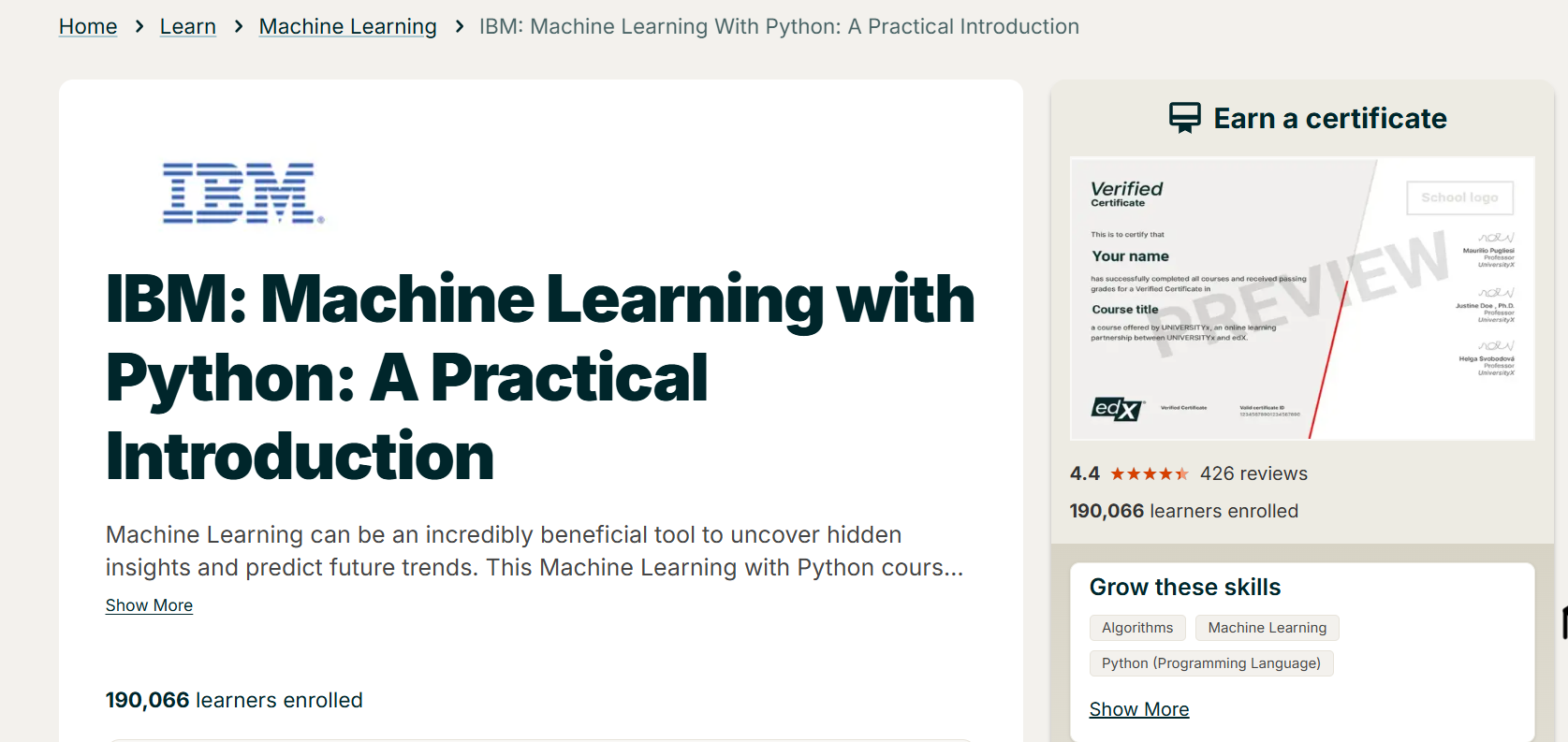 Machine Learning with Python: A Practical Introduction by IBM on edX