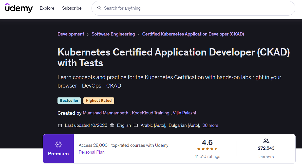 Kubernetes Certified Application Developer (CKAD) with Tests [Udemy]