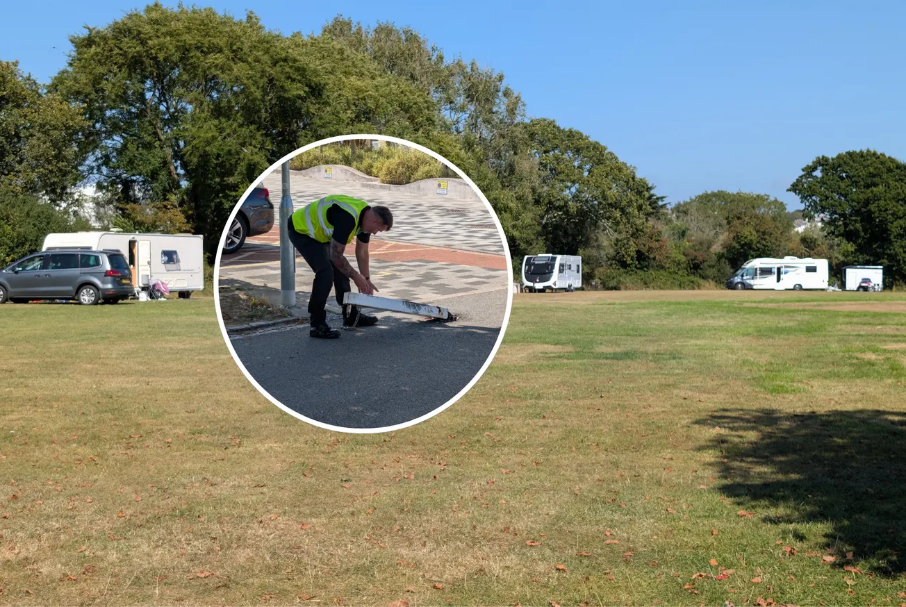 Travellers take over Central Park after Plymouth City Council bin lorry wipes out access barrier