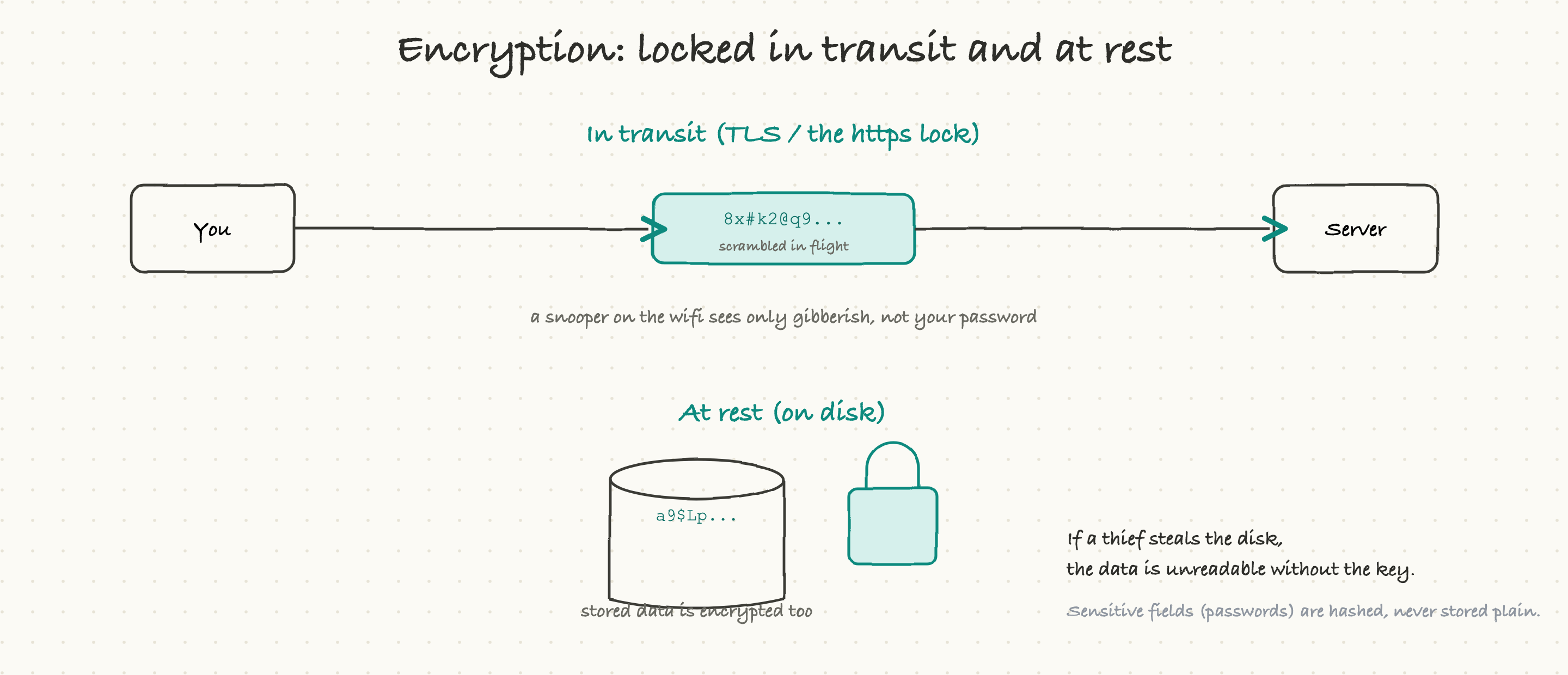 Encryption protects data in transit with TLS and at rest on disk