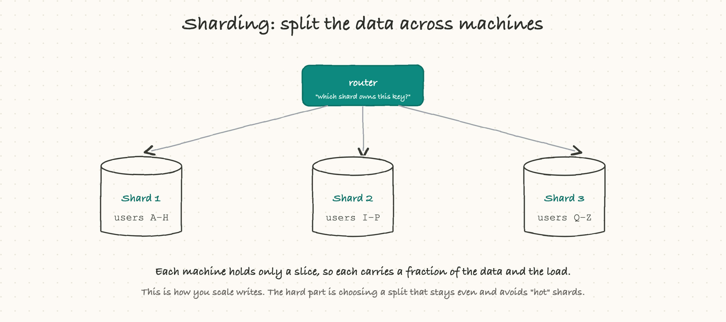 Sharding splits the data across machines, each holding a slice
