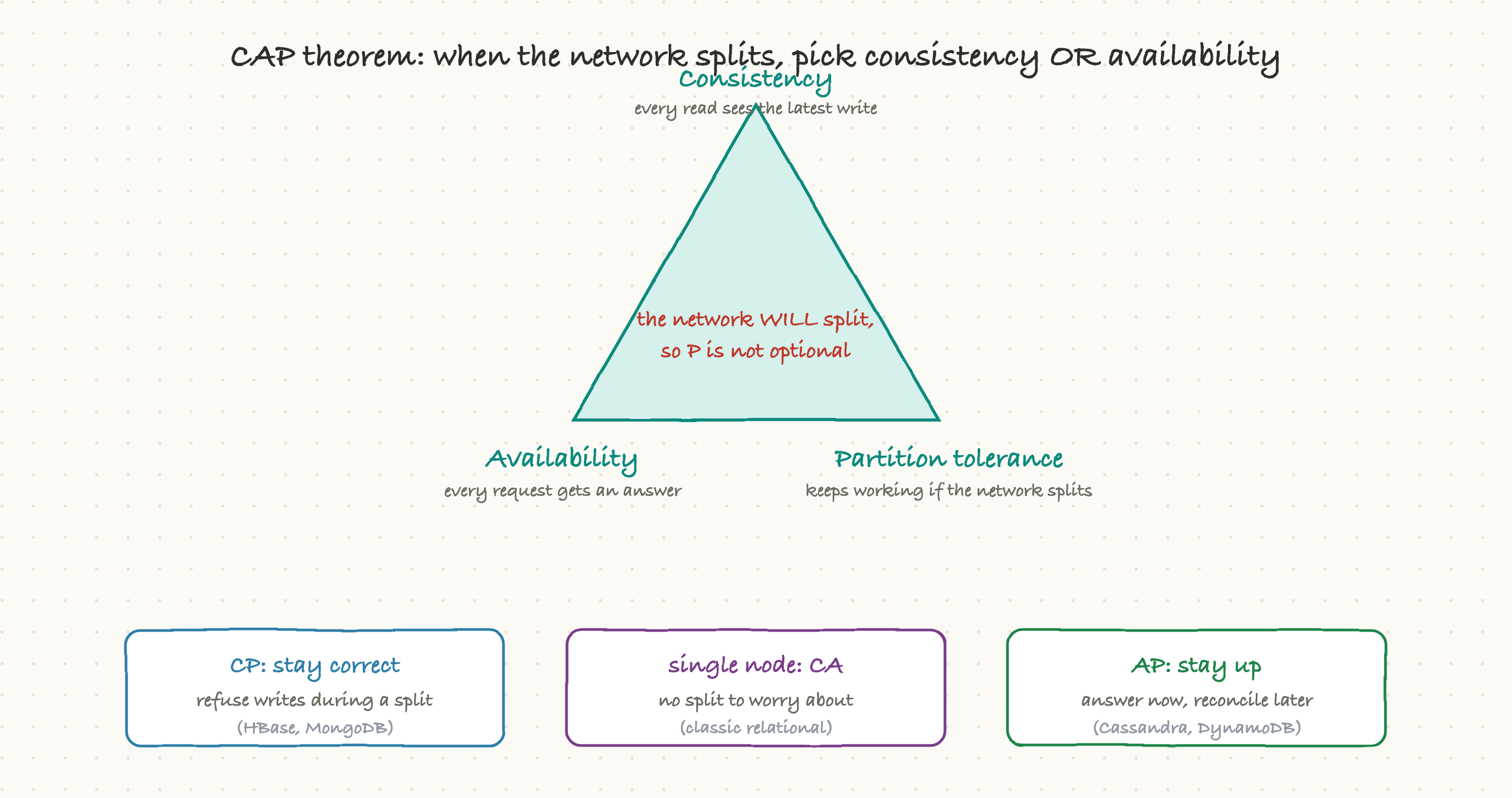 CAP: when the network splits, you must choose consistency or availability