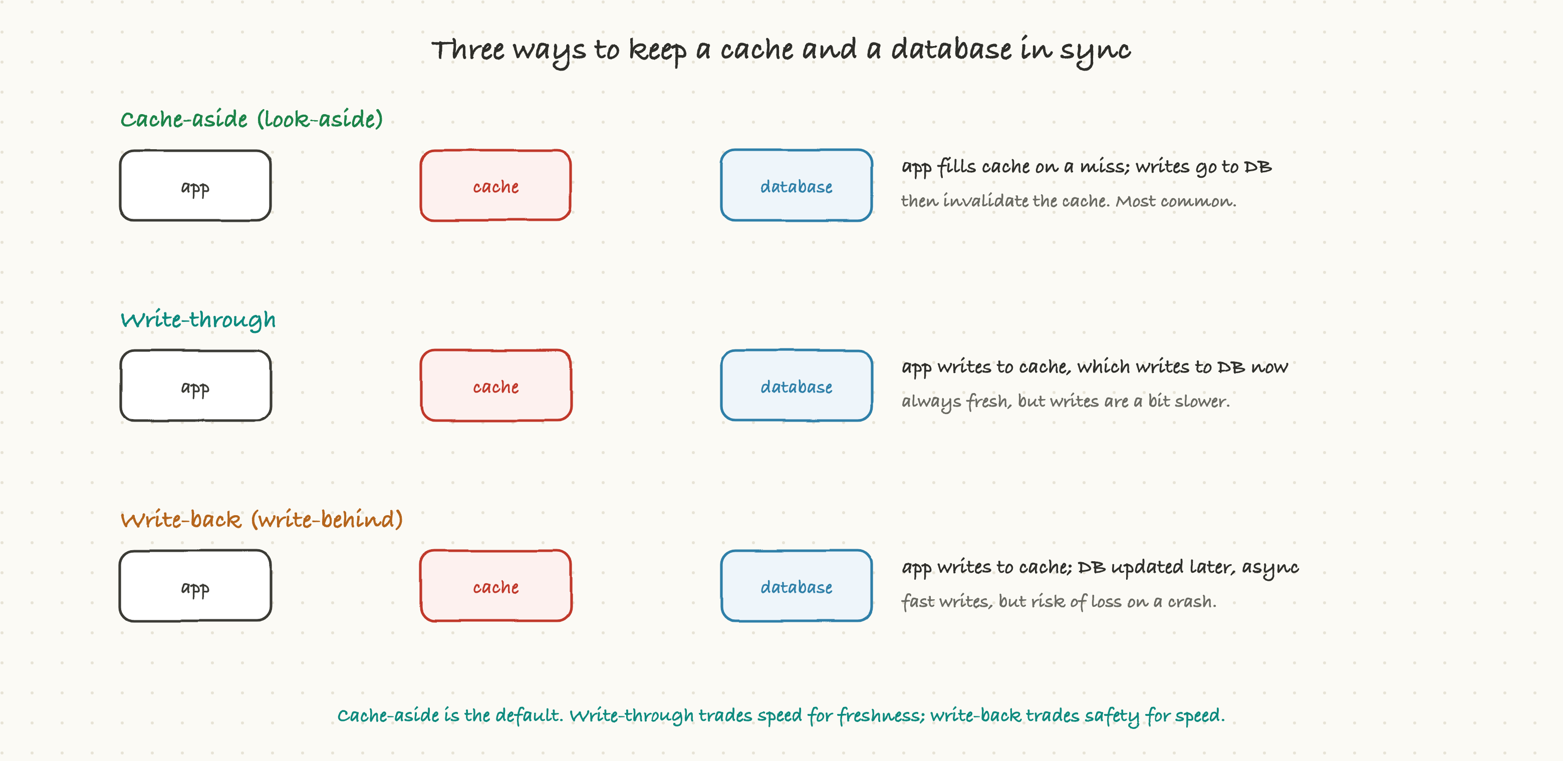 Three ways to keep a cache and a database in sync