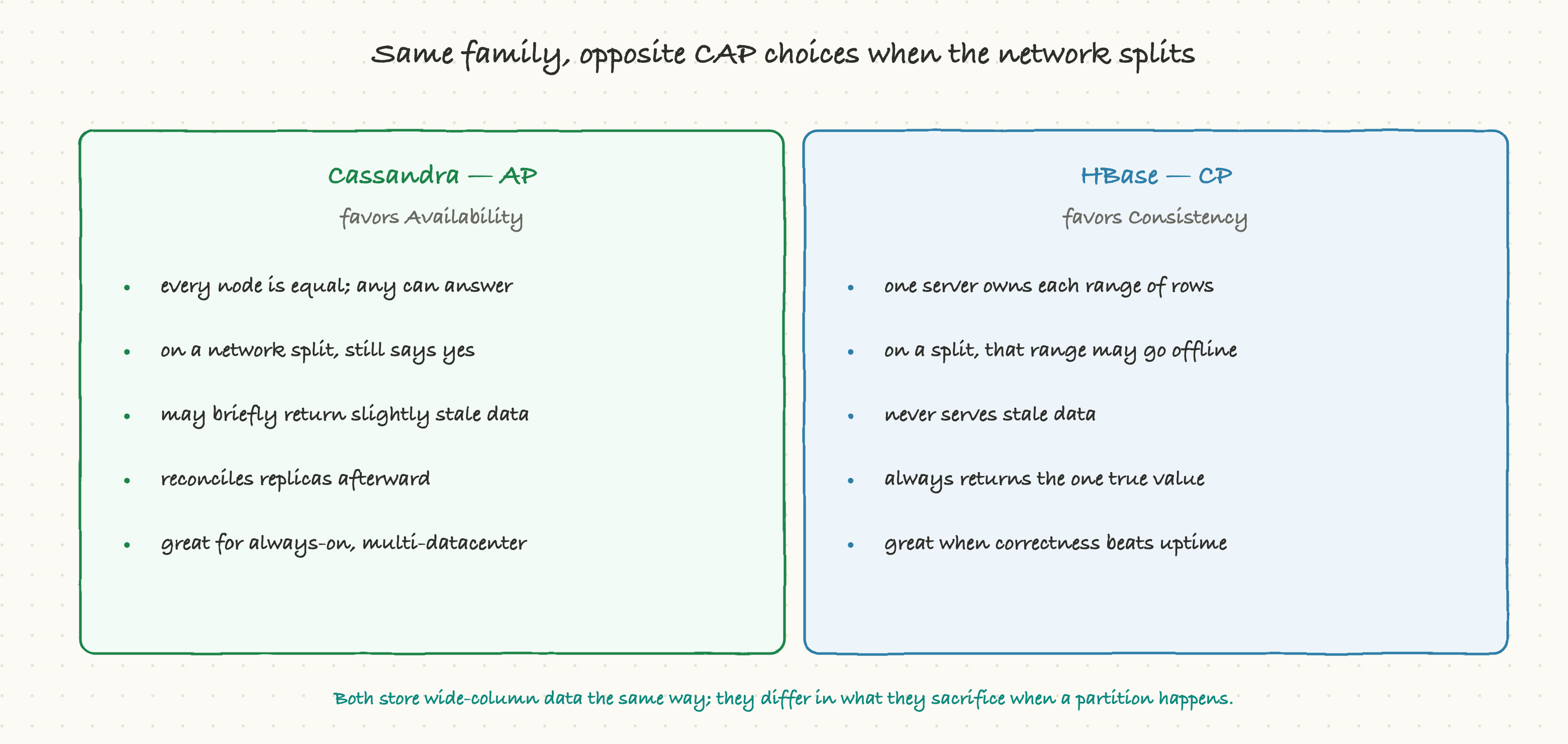 Same family, opposite CAP choices when the network splits
