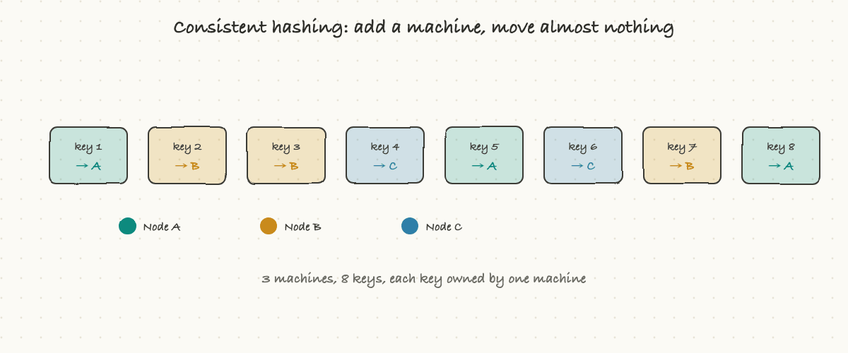 Adding a node on the ring moves only the keys in its arc