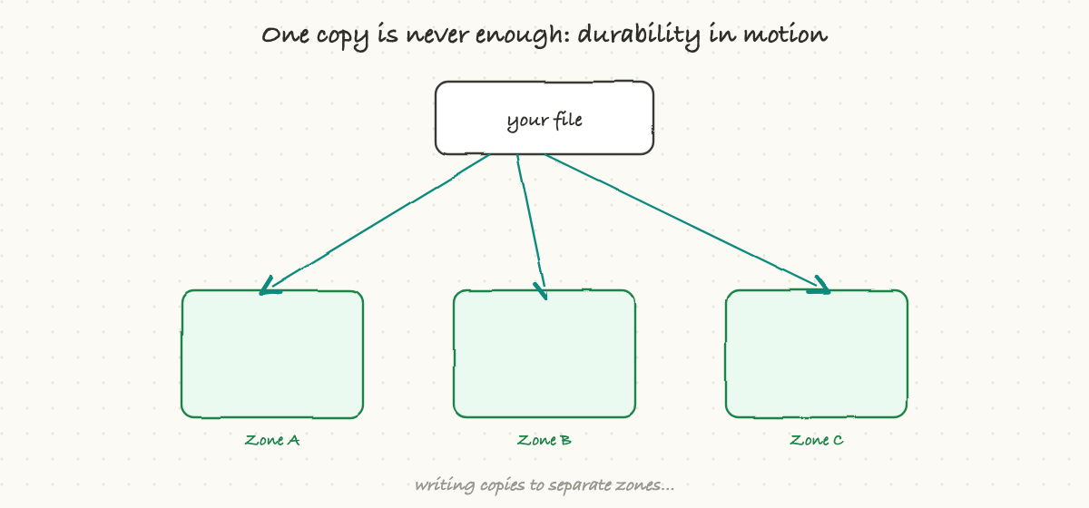 Copies across zones survive a failure, and the system self-heals