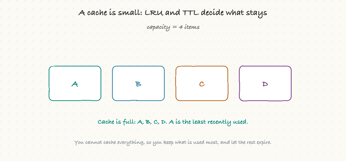 A cache is small: LRU and TTL decide what stays