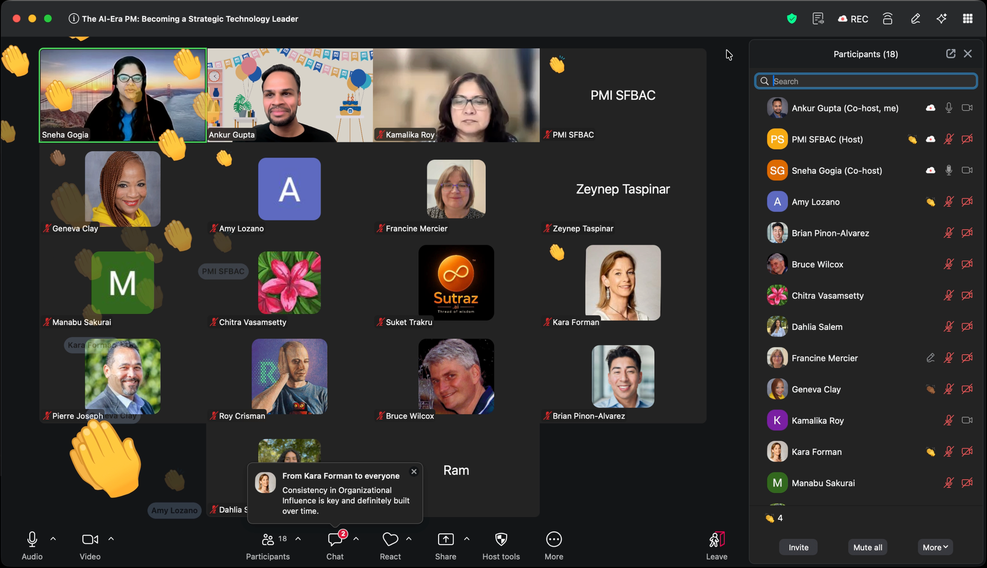 Zoom screen from the PMI San Francisco Bay Area session ‘The AI-Era PM: Becoming a Strategic Technology Leader,’ showing 18 attendees, Ankur Gupta presenting, and audience applause reactions