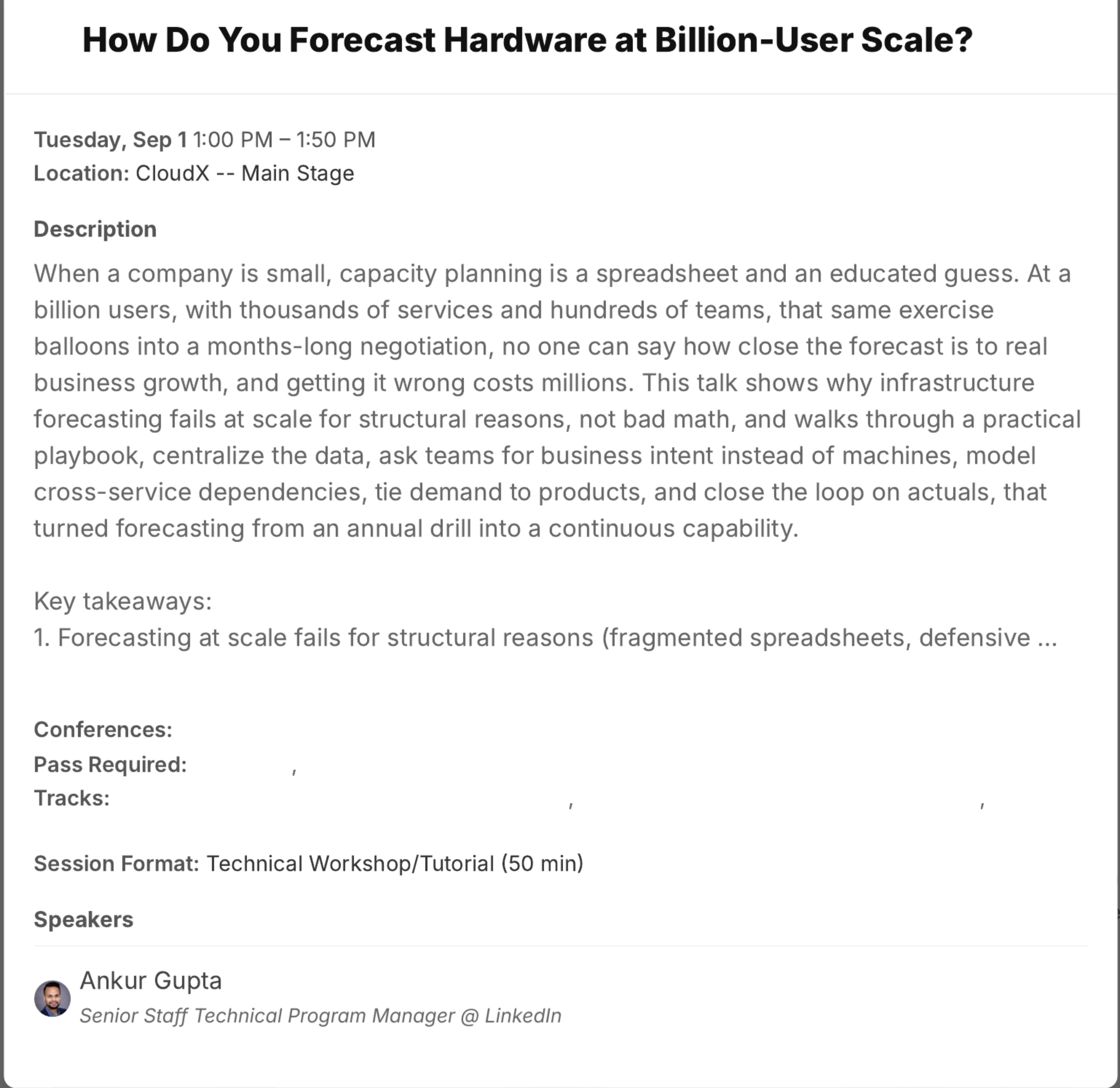CloudX 2026 session listing for How Do You Forecast Hardware at Billion-User Scale, Tuesday 1 September, CloudX Main Stage