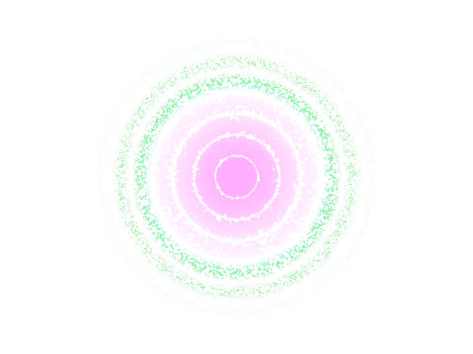 20'000 colored particles in shades of purple and green form concentric circles.